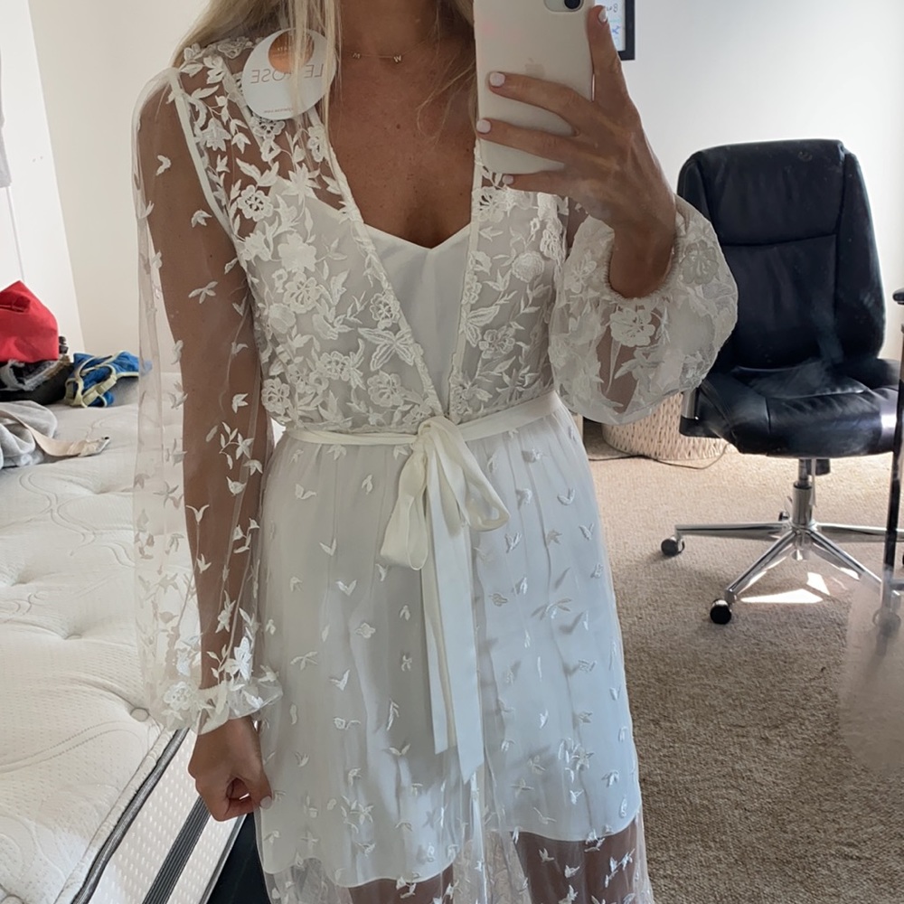 White lace / floral appliqué bridal robe with slip